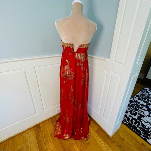 Aidan Mattox Beaded Silk Strapless Ball Gown Red & Gold Prom Party 4 - Picture 6 of 10